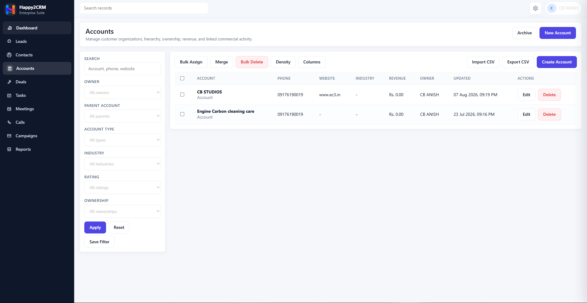 Happy2CRM accounts screen with customer organizations and account controls