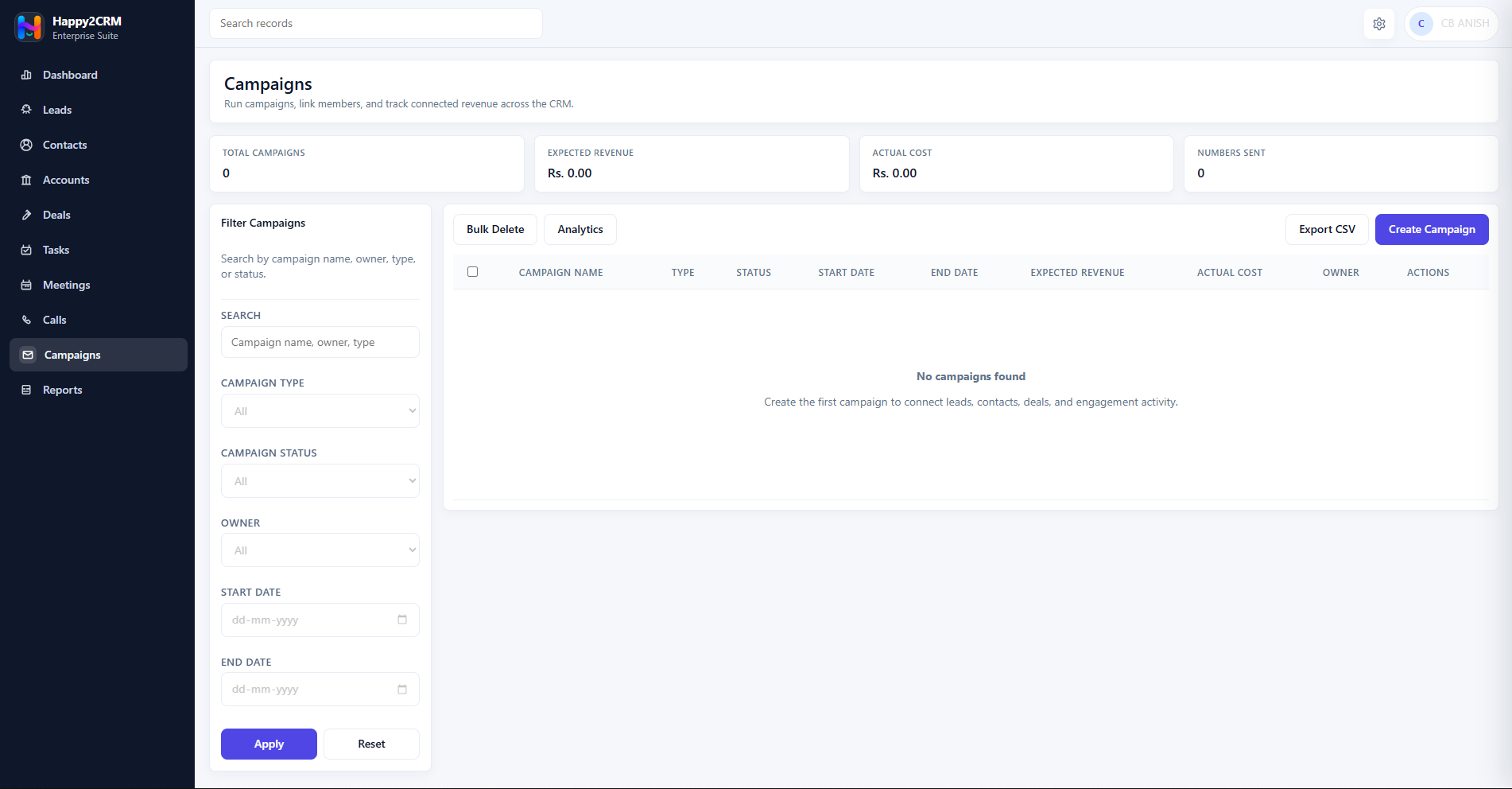 Happy2CRM campaigns workspace with campaign KPIs, filters and campaign creation controls
