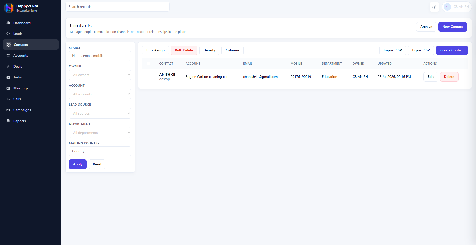 Happy2CRM contacts screen with search filters and contact records