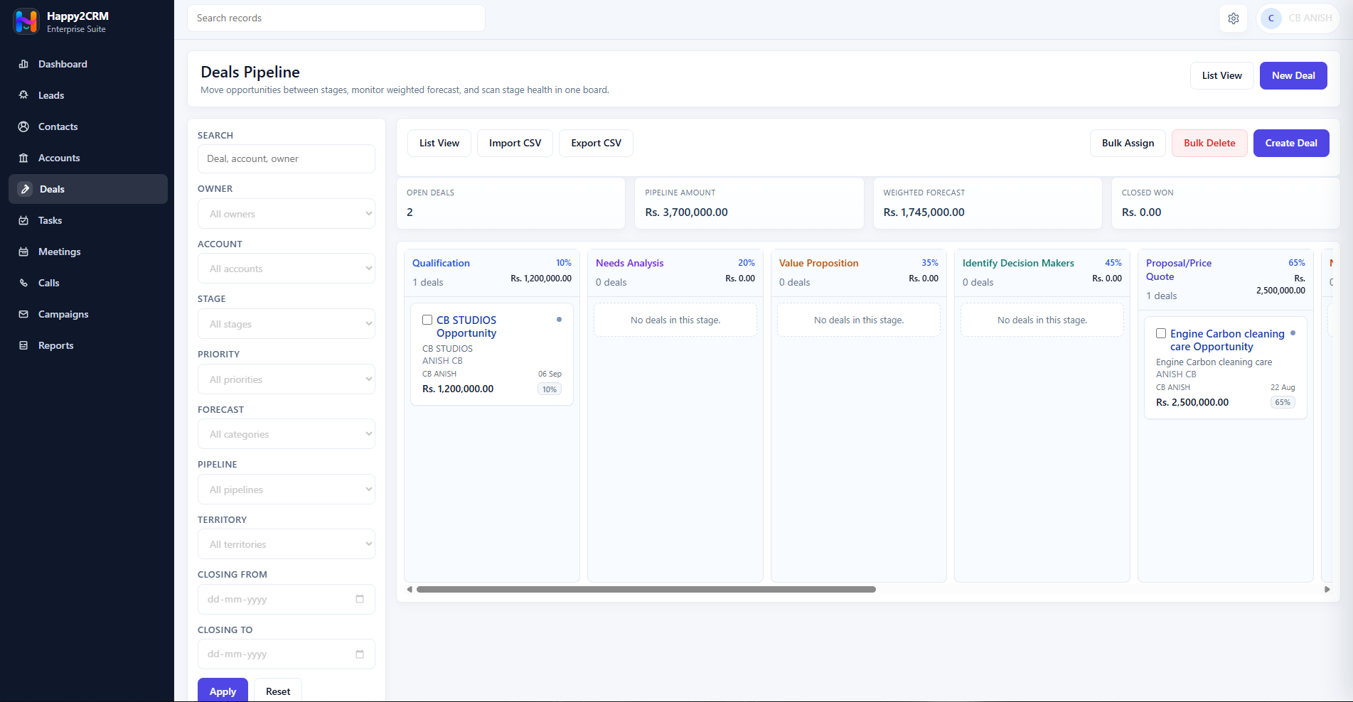 Happy2CRM deals pipeline screen with stage columns and forecast values