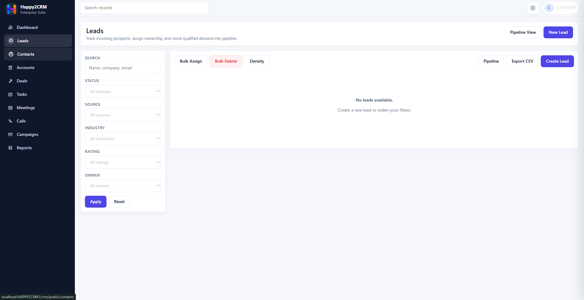 Happy2CRM leads screen with filters and create lead controls