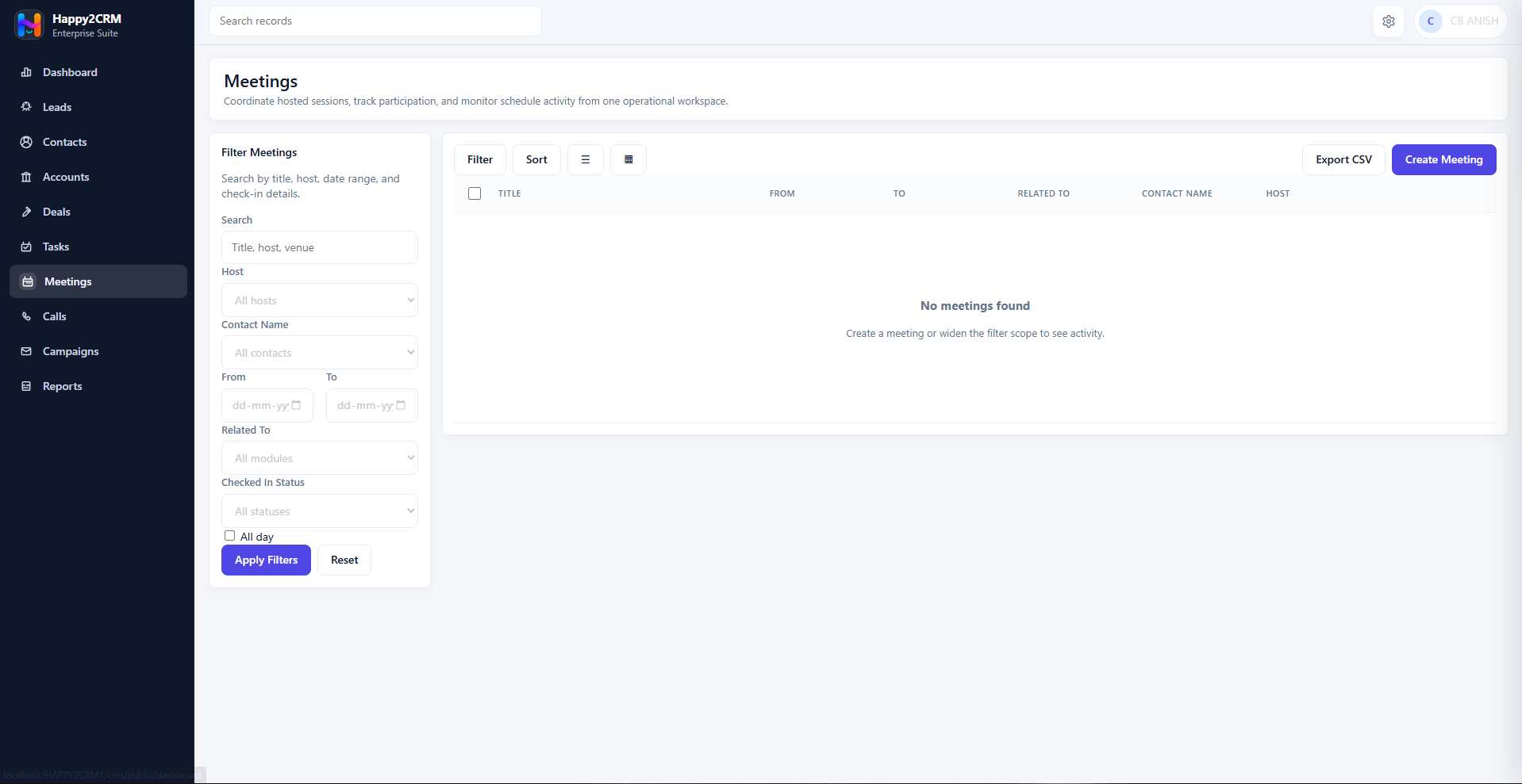 Happy2CRM meetings screen with meeting filters and export controls