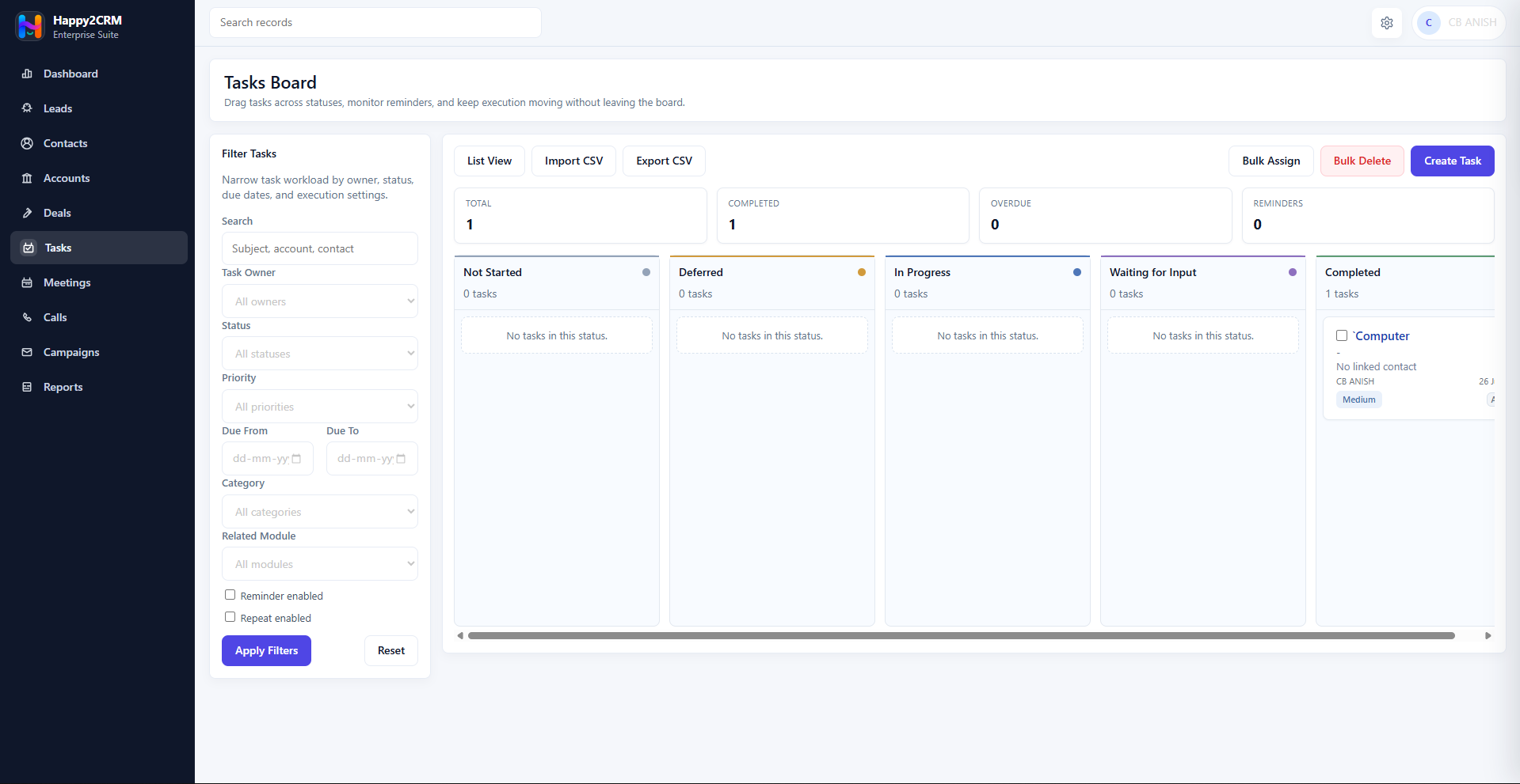 Happy2CRM tasks board with status columns